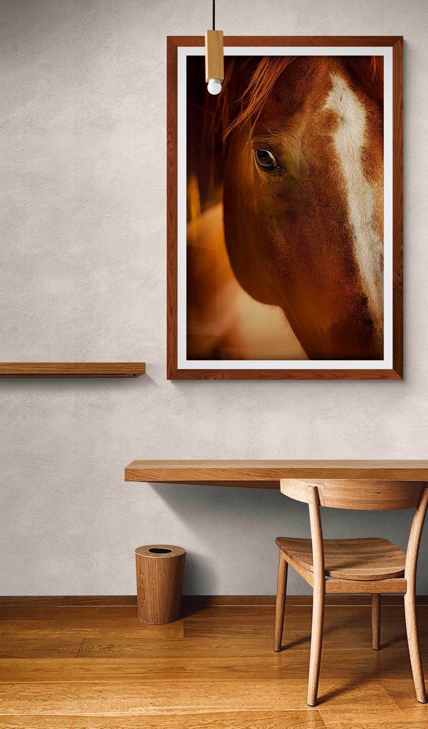 Chestnut Mare: A Western Portrait With a Watchful Eye framed wall art featuring a close-up of a soulful horse in rustic decor setting. Ideal for Western and equine-themed interiors.