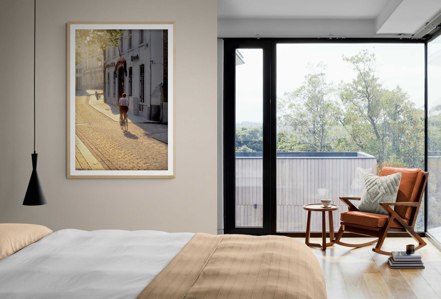 Bruges Cyclist – Kodachrome Street Photography, Limited Edition Fine Art Print hung in a serene bedroom. Enhances the space with vintage European street ambiance and golden hour light.