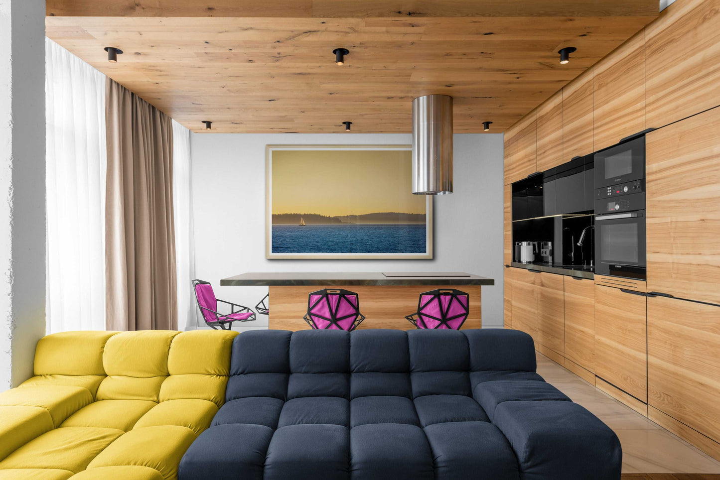 Golden Hour Sailboat wall art in a modern kitchen-living space, blending coastal photography with warm wood and bold decor elements.