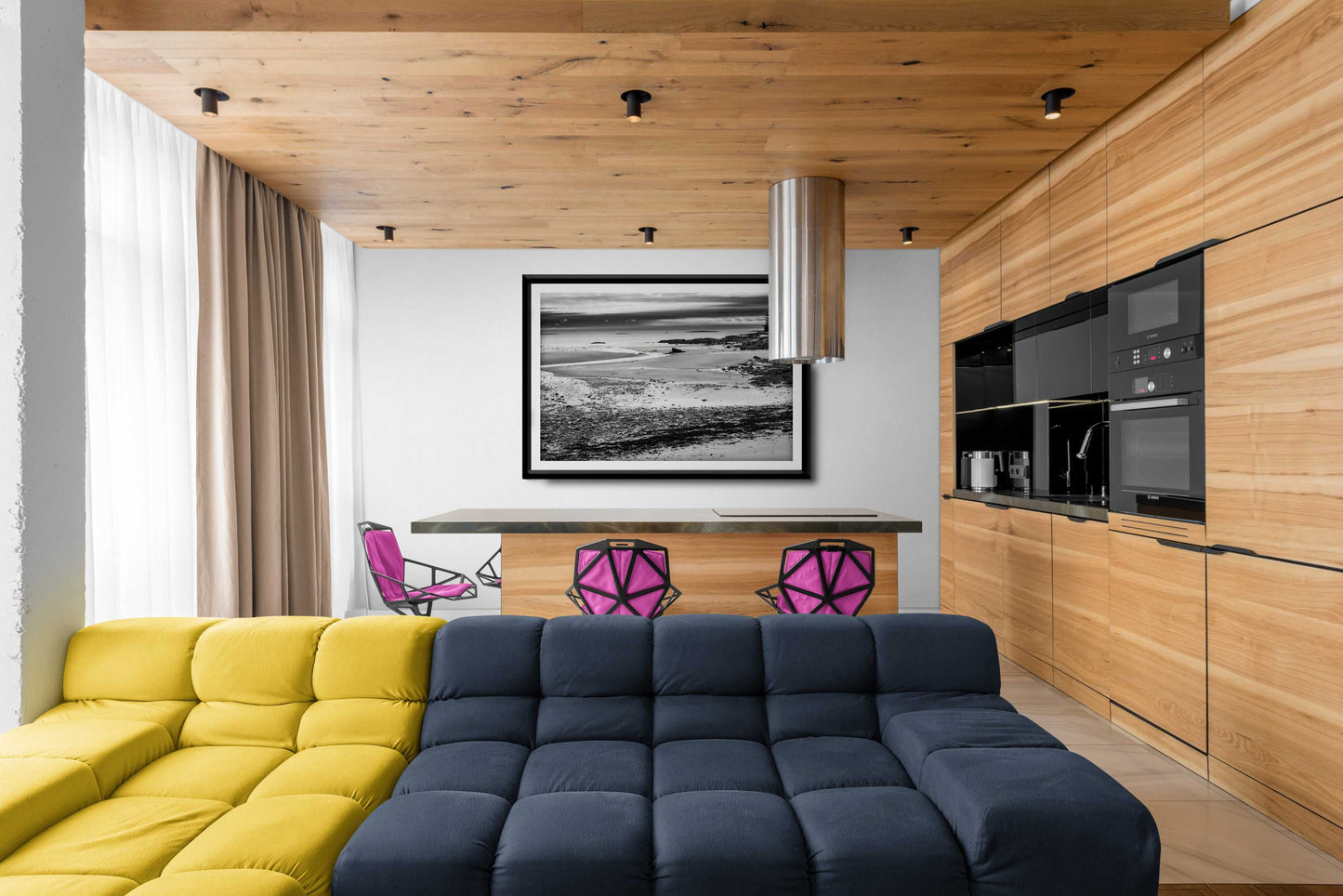 Grey Atlantic #2 – Black and White Coastal Photography in Maine framed above a kitchen island in a modern wood-accented apartment. A minimalist ocean print for stylish home decor.