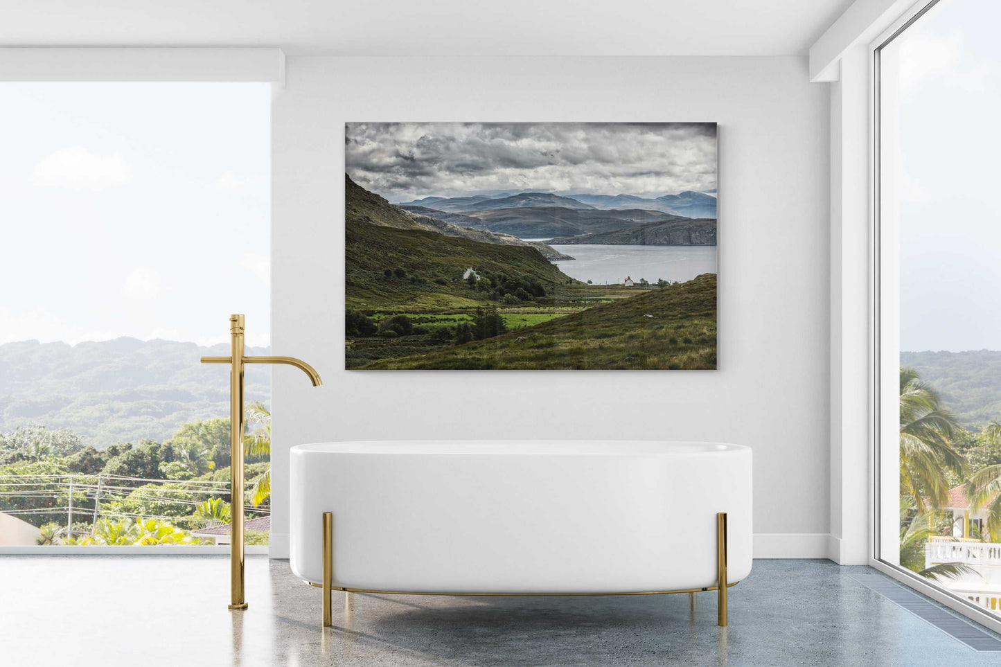 Culnacraig – Scotland’s Wild West Coast in Light and Shadow wall art in a luxury bathroom, pairing Highland landscape with modern minimalist design.