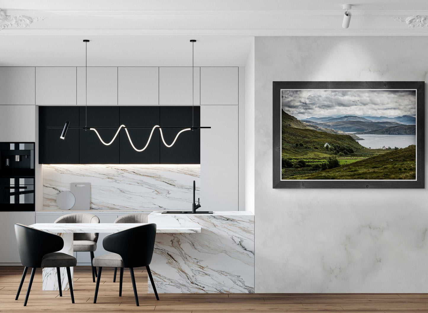 Framed Culnacraig – Scotland’s Wild West Coast in Light and Shadow wall art displayed in a modern kitchen, enhancing interior design with scenic photography.