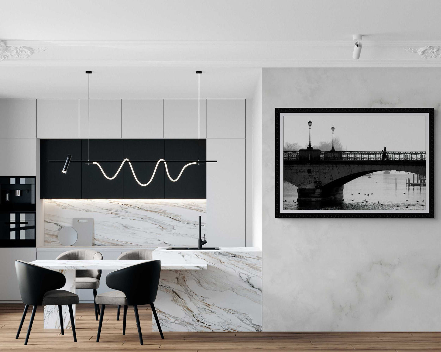 Zurich Series #1 – A Man on the Bridge, Zurich in Black and White – Fine Art Print by Michael Hart featured in a sleek white and marble kitchen with black accents.