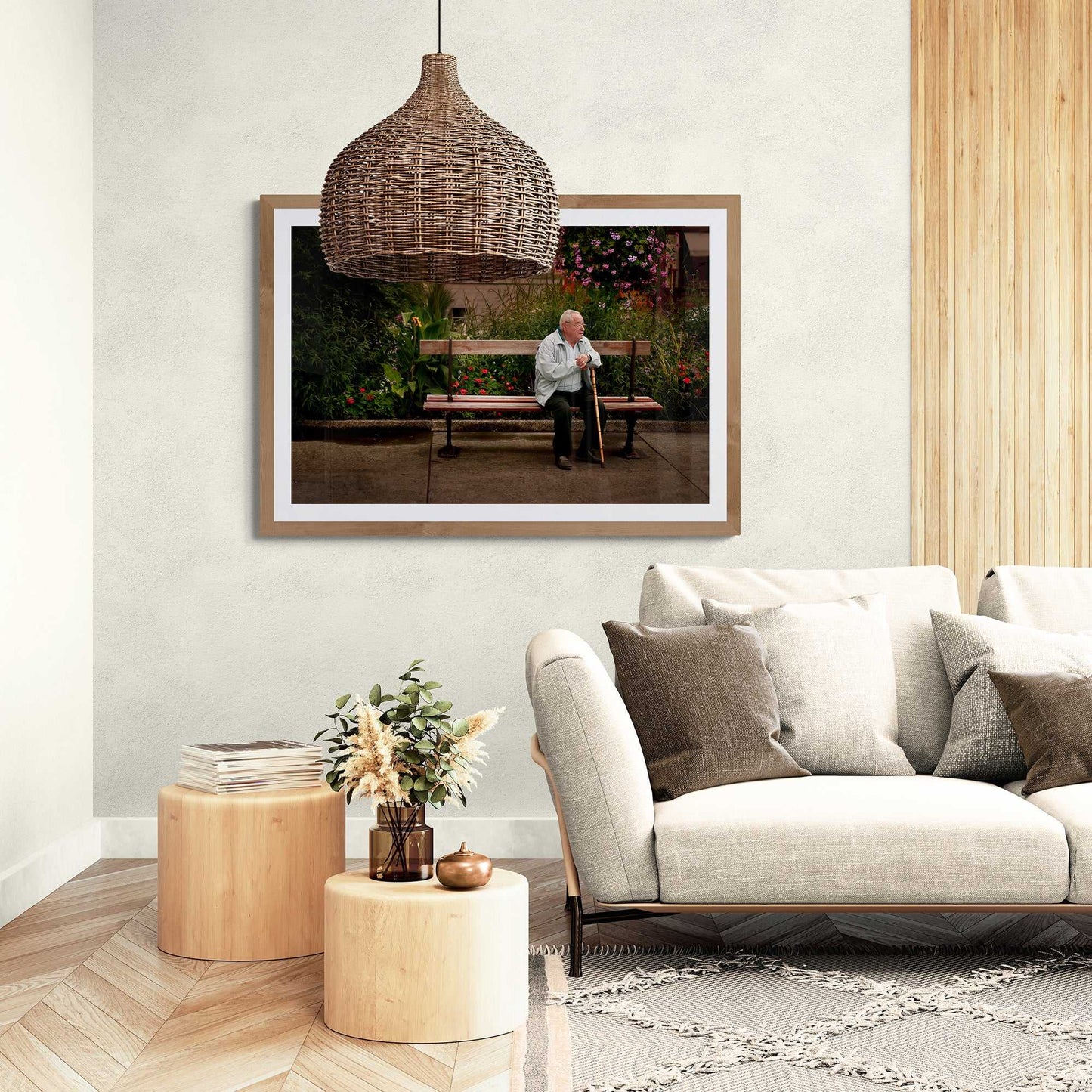 Troyes France Art Print featuring an elderly man seated on a bench in a lush garden street scene. Limited edition photo ideal for French wall art décor.