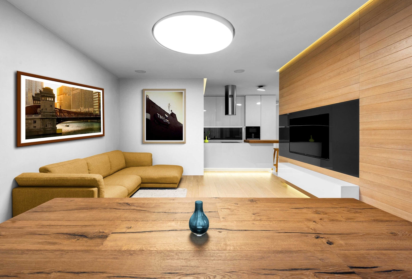 Chicago River #1 – Limited Edition Fine Art Photograph by Michael Hart displayed in a modern living room, enhancing interior design with urban elegance.