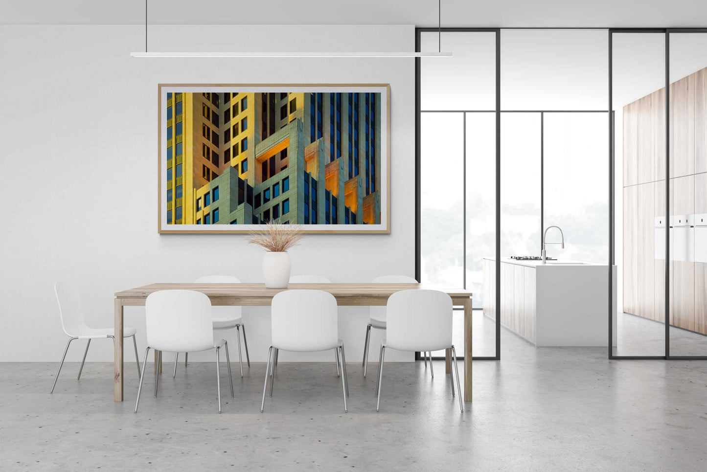 Limited Edition Chicago Architecture photograph in golden light displayed in a modern dining room, enhancing interior design with urban abstraction.