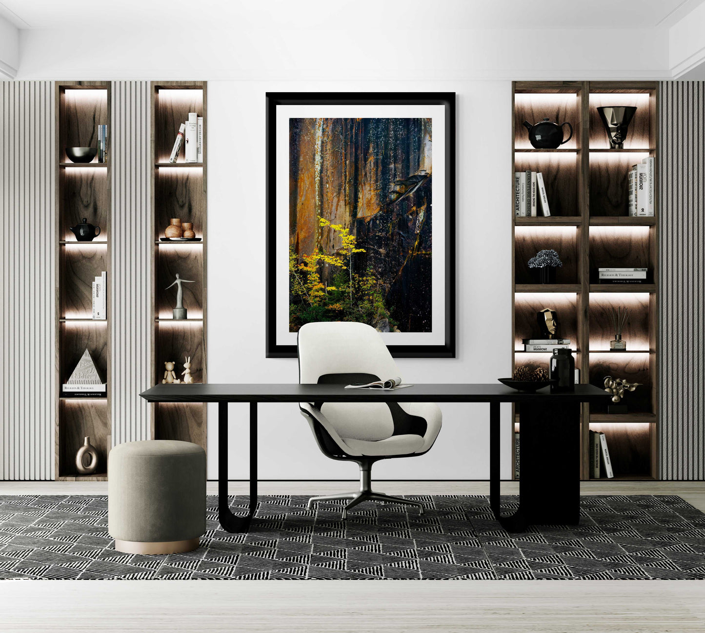 Quarry Wall #2 – Abstract Stone Wall Photography framed and showcased in a luxury office. Maine Autumn Color Print enhances workspace decor.