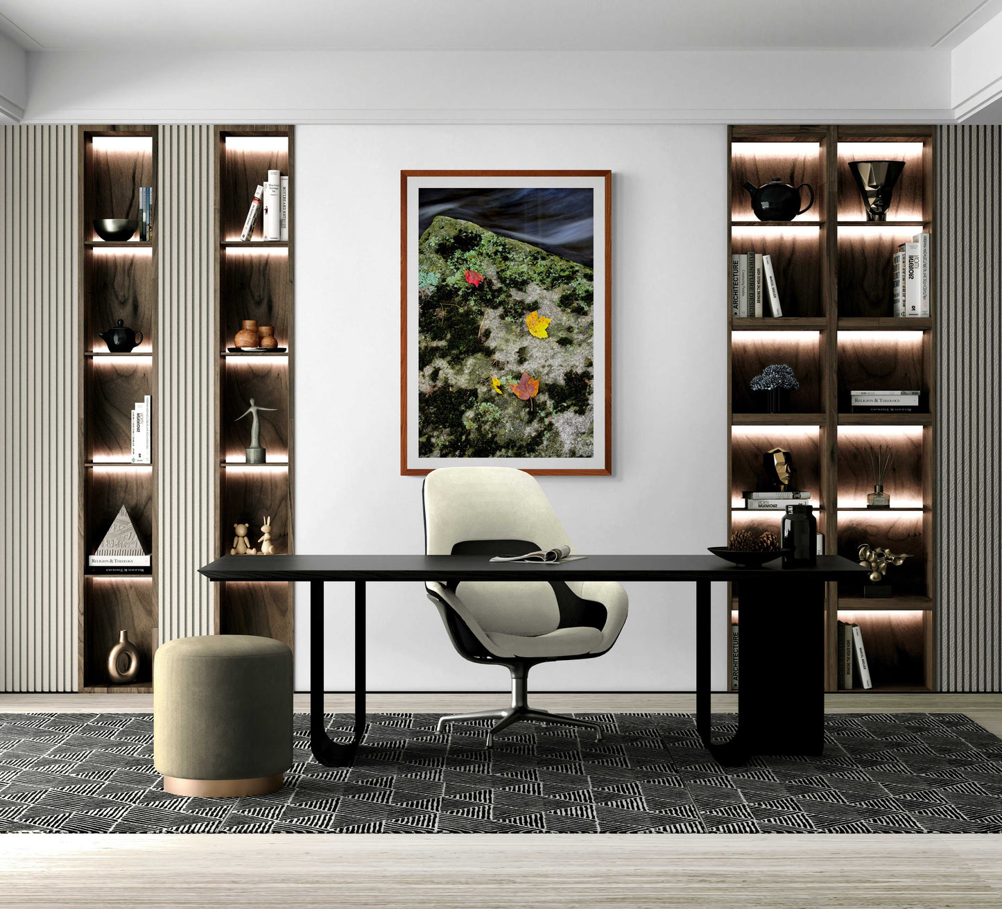 Autumn Remains – Limited Edition Photograph featured in a luxury office, framed in dark wood, enhancing the space with Maine’s fall nature close-up.