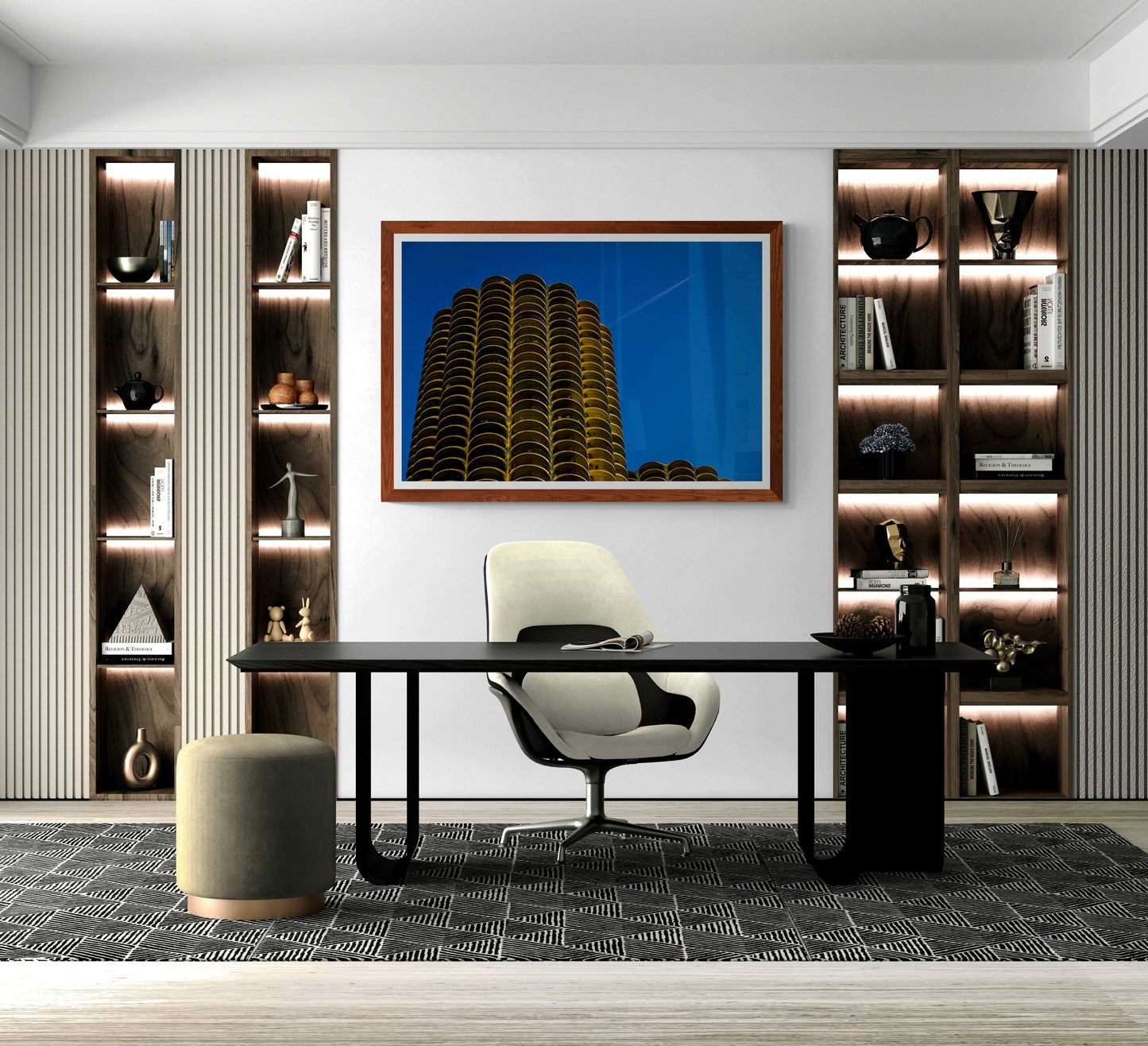 Limited edition Marina Towers photo by Michael Hart displayed in a modern home office. The iconic Chicago skyline print adds architectural elegance to interior decor.