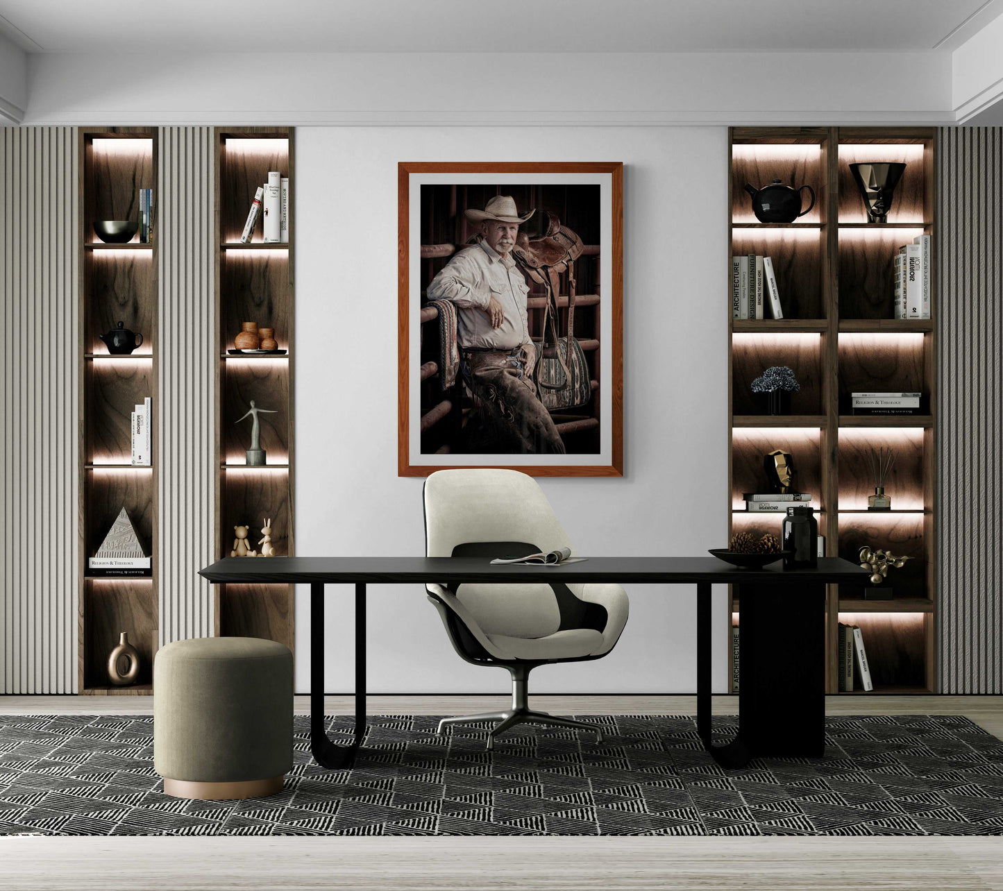 Office space with The Foreman-A Portrait of A Texas Cowboy framed on wall, merging Texas western wall art with contemporary executive decor.
