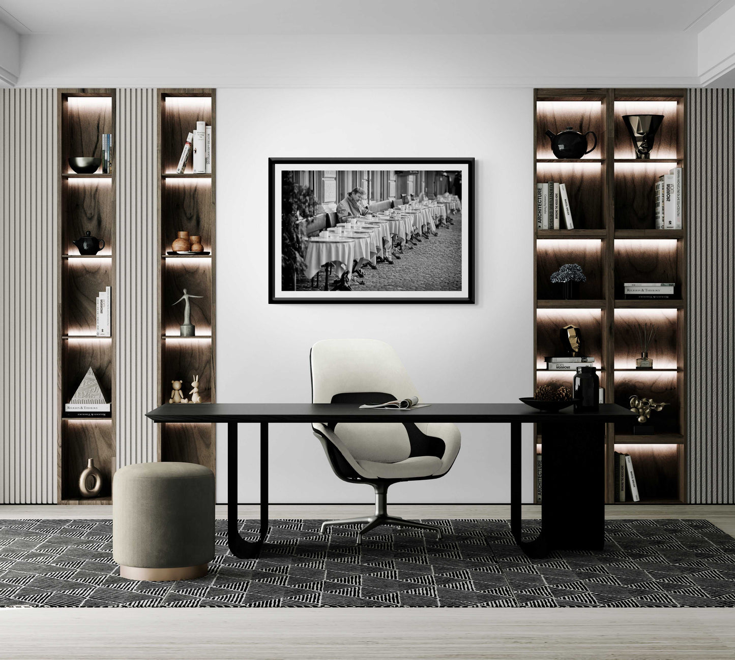 Zurich Series #3 – The Man at the Café, Zurich in Black and White – Fine Art Print by Michael Hart displayed in a luxury office library. A refined black and white photograph adding sophistication to executive interiors.