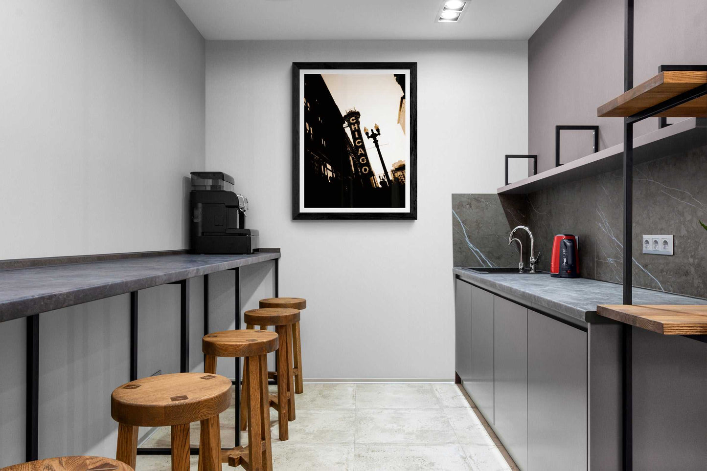 Chicago Theatre – Chicago Landmark sepia fine art print by Michael Hart displayed in a minimalist kitchen with bar stools and modern finishes.