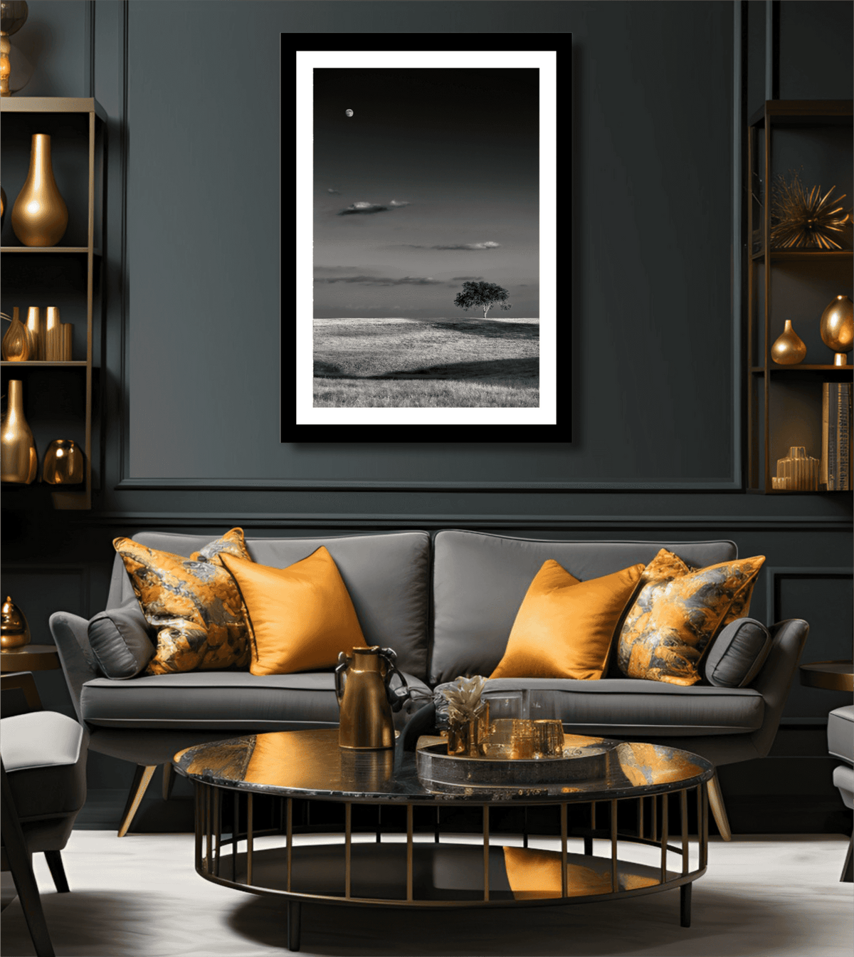 Moonrise at Sunset – Black and White Texas Landscape Print by Michael Hart in a luxurious dark-toned living room with gold and orange accents.