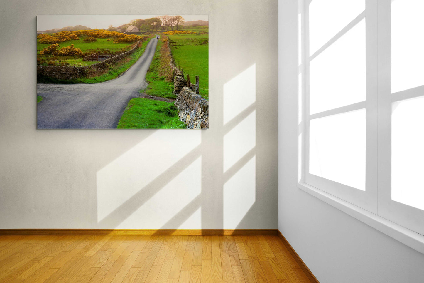 Rush Hour On Islay fine art print displayed in a minimalist room, showcasing scenic Scottish countryside with a lass and dog on a whisky isle road.