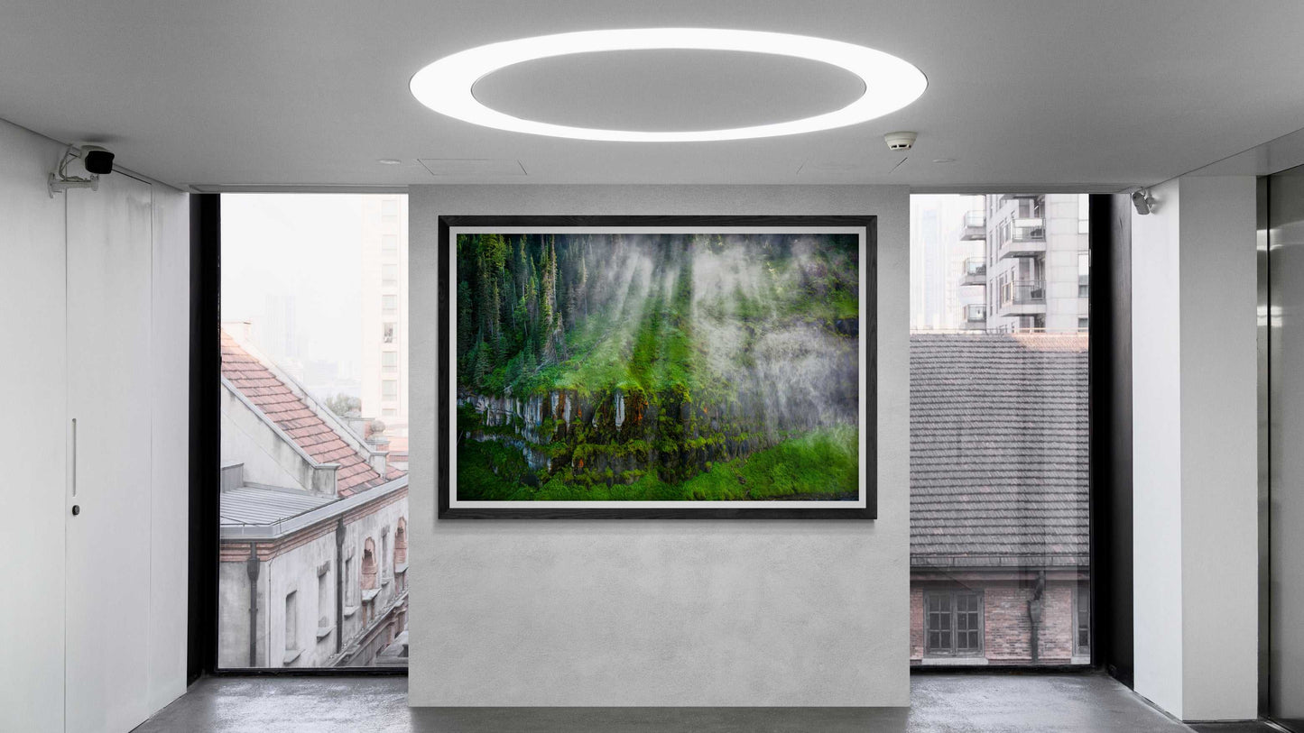 Mesa Falls Mist – Fine Art Color Photograph by Michael Hart showcased in a contemporary gallery setting. Ideal for collectors of cinematic landscape photography.