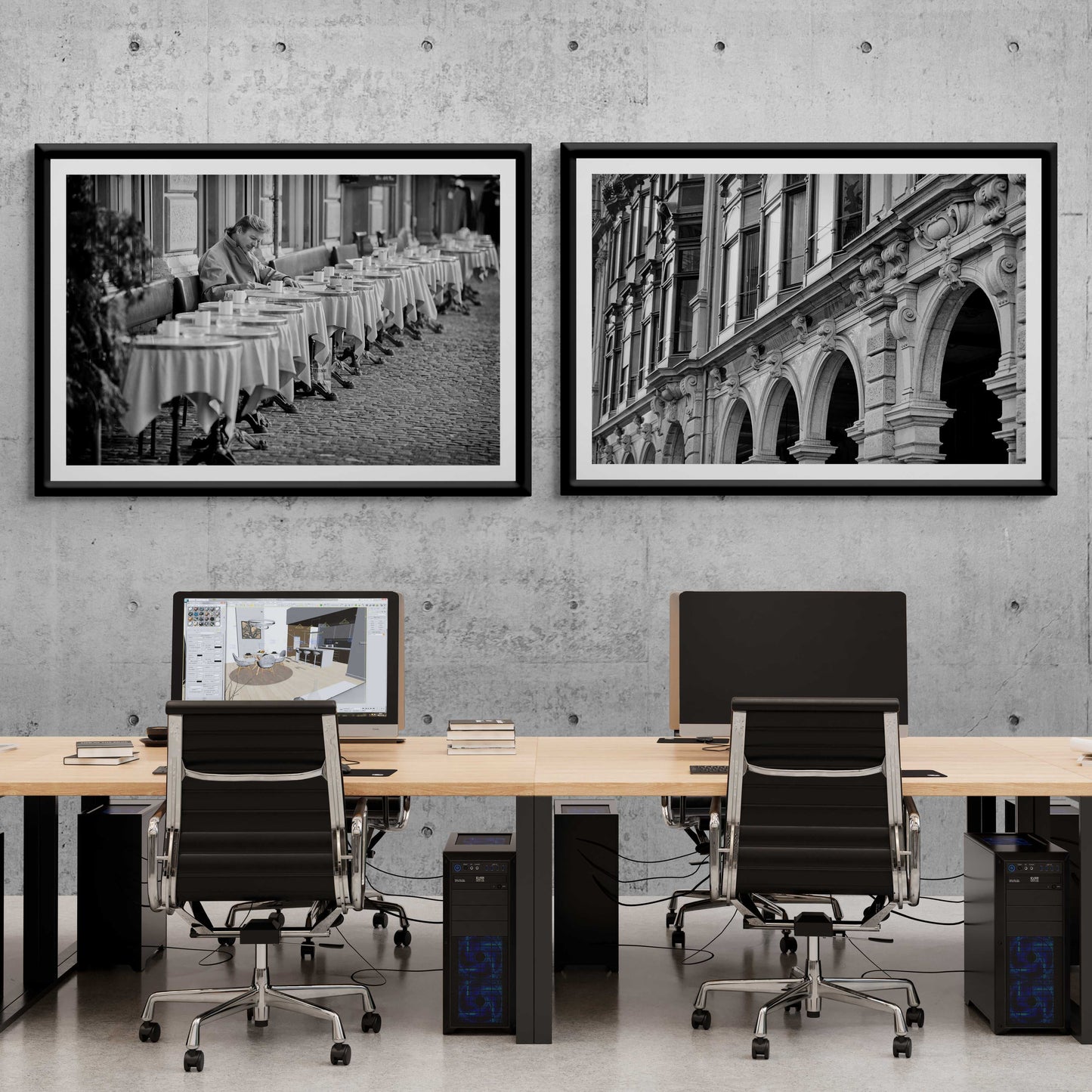 Zurich Series #4 – The Architecture Speaks fine art print by Michael Hart paired with another black and white photo in a creative office, emphasizing European street photography.