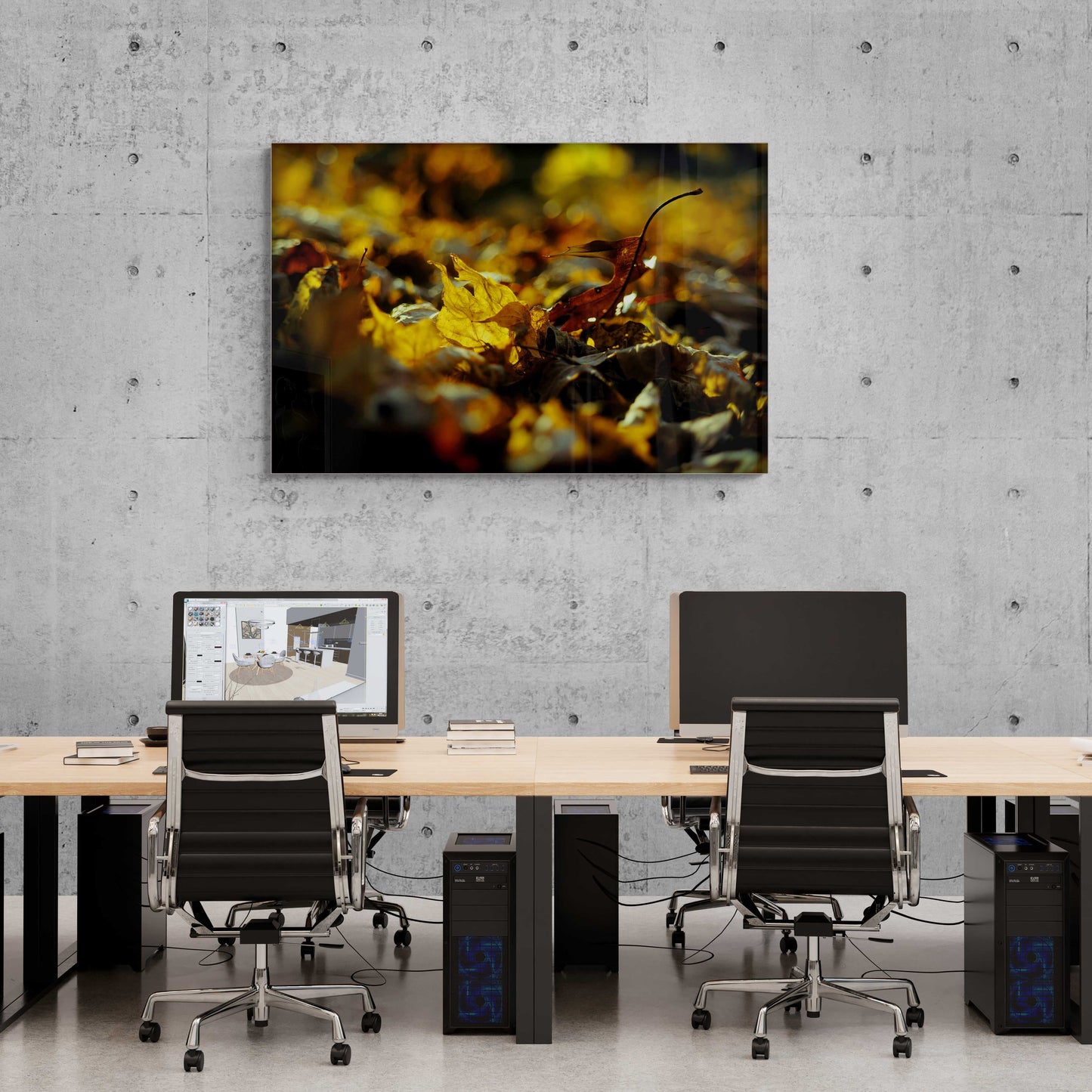 Autumn Gold – Limited Edition Photograph of Fall Leaves on Kodachrome displayed in a modern office. Adds artistic warmth and natural inspiration to professional spaces.