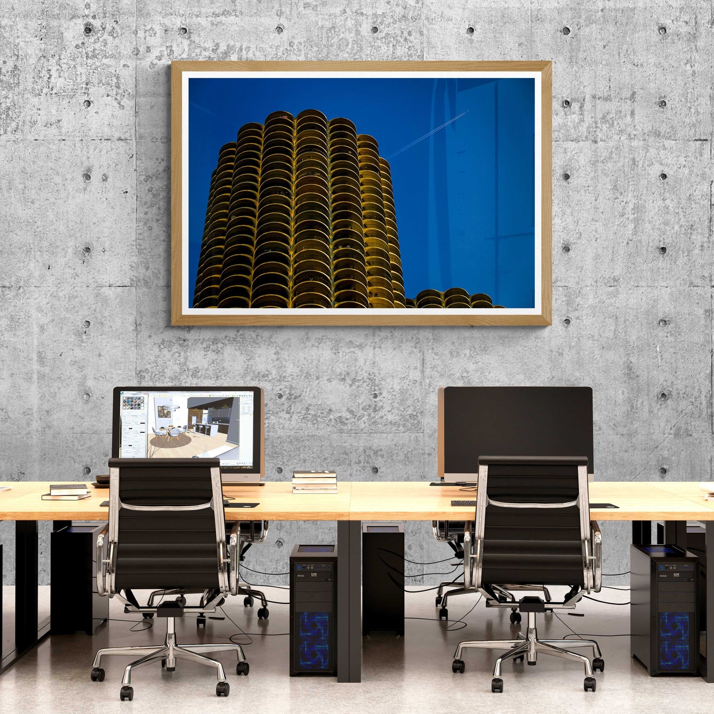 Framed Marina Towers photo by Michael Hart showcased in a contemporary office space. The Chicago architecture print enhances the workspace with urban sophistication.