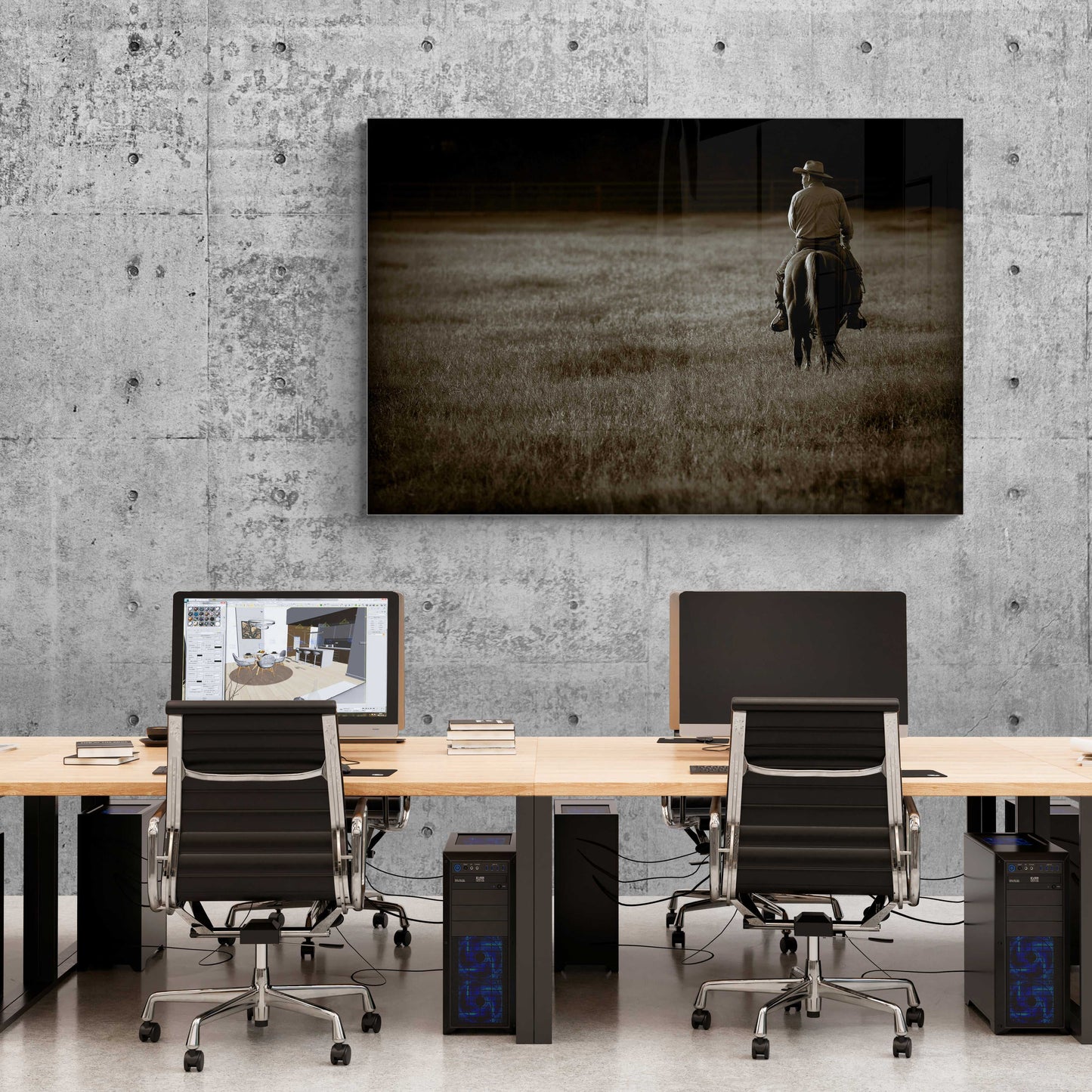 The Lone Rider cowboy print mounted in a contemporary office, featuring sepia-toned Texas ranch photography. Western fine art for workspace decor.