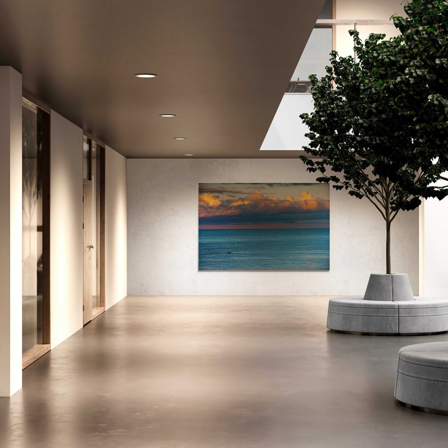 Large-scale print of The Race – Small Boat and Birds in a New England Coastal Sunset displayed in a minimalist hallway with natural lighting and modern decor.