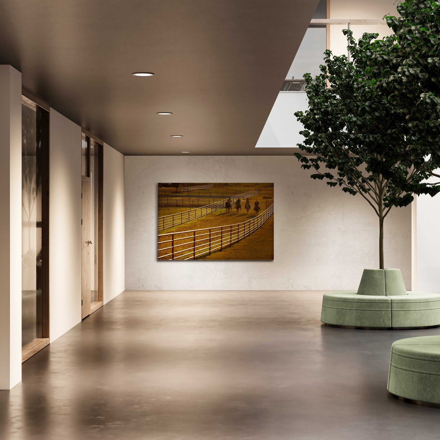 Cowboy Quartet: Morning Light and Motion at the Corral fine art print mounted in a minimalist hallway with natural light and indoor greenery.