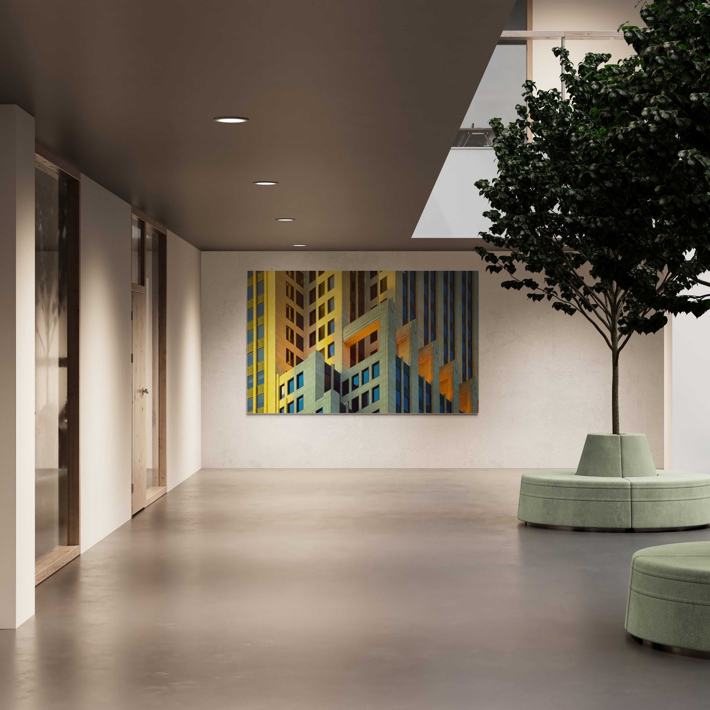 Golden-lit Chicago Architecture abstract print mounted in a minimalist hallway, showcasing modern urban texture and geometric fine art.