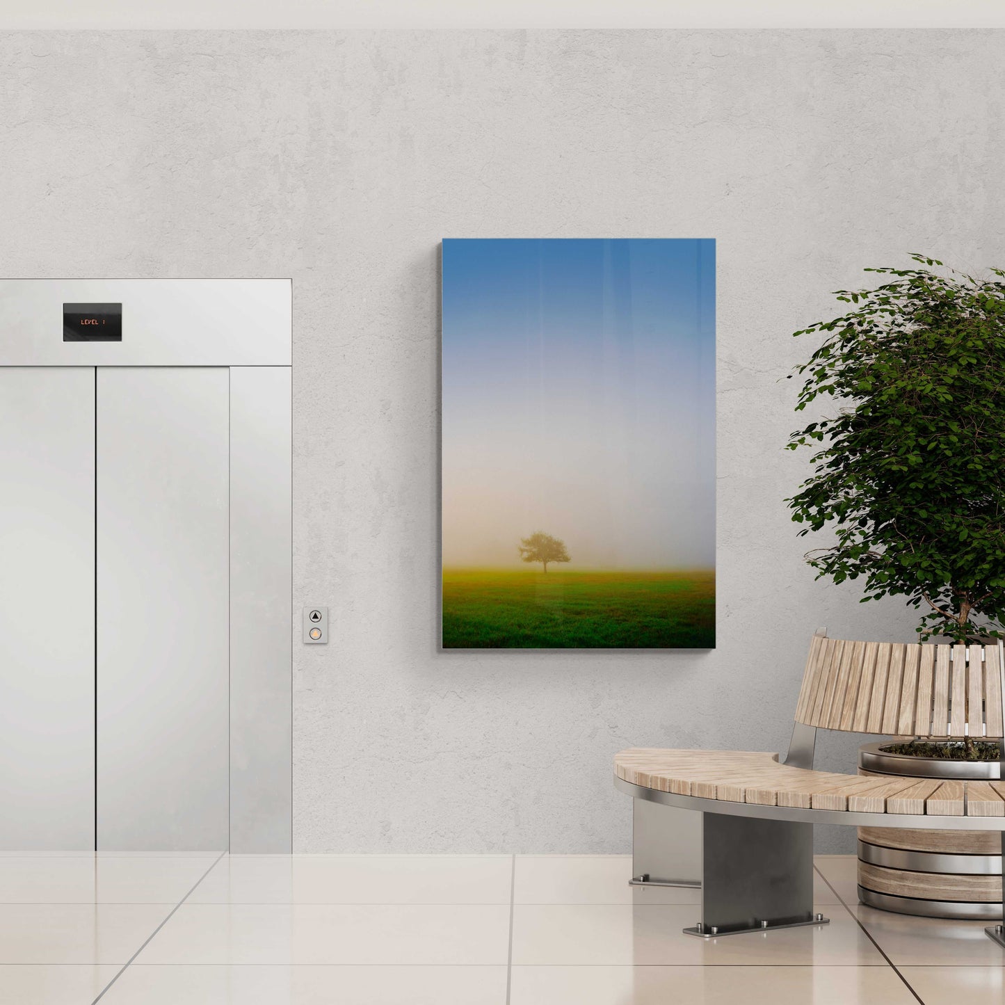 Emergence: Lone Tree in Morning Fog – mounted fine art photograph in a sleek lobby. Ethereal Texas landscape print enhances minimalist commercial space.
