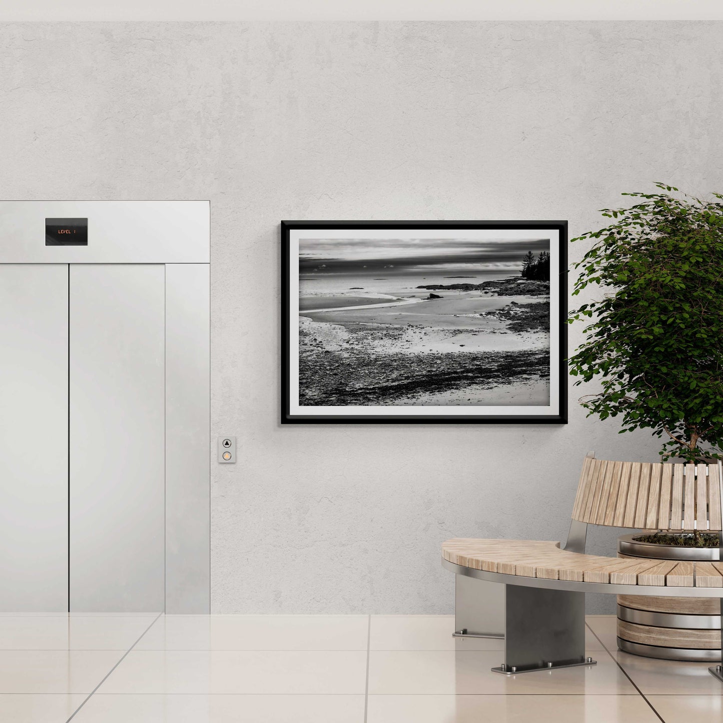 Grey Atlantic #2 – Black and White Coastal Photography in Maine hanging in a minimalist lobby near an elevator. A calming seascape print for upscale commercial interiors.