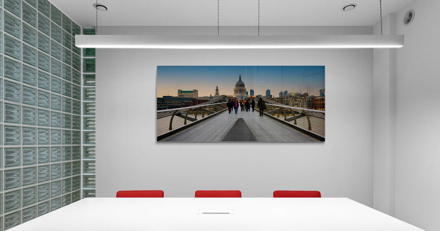 Millennium Bridge-London Landmark Fine Art Print by Michael Hart displayed in a modern office, showcasing twilight London cityscape with St. Paul’s Cathedral.