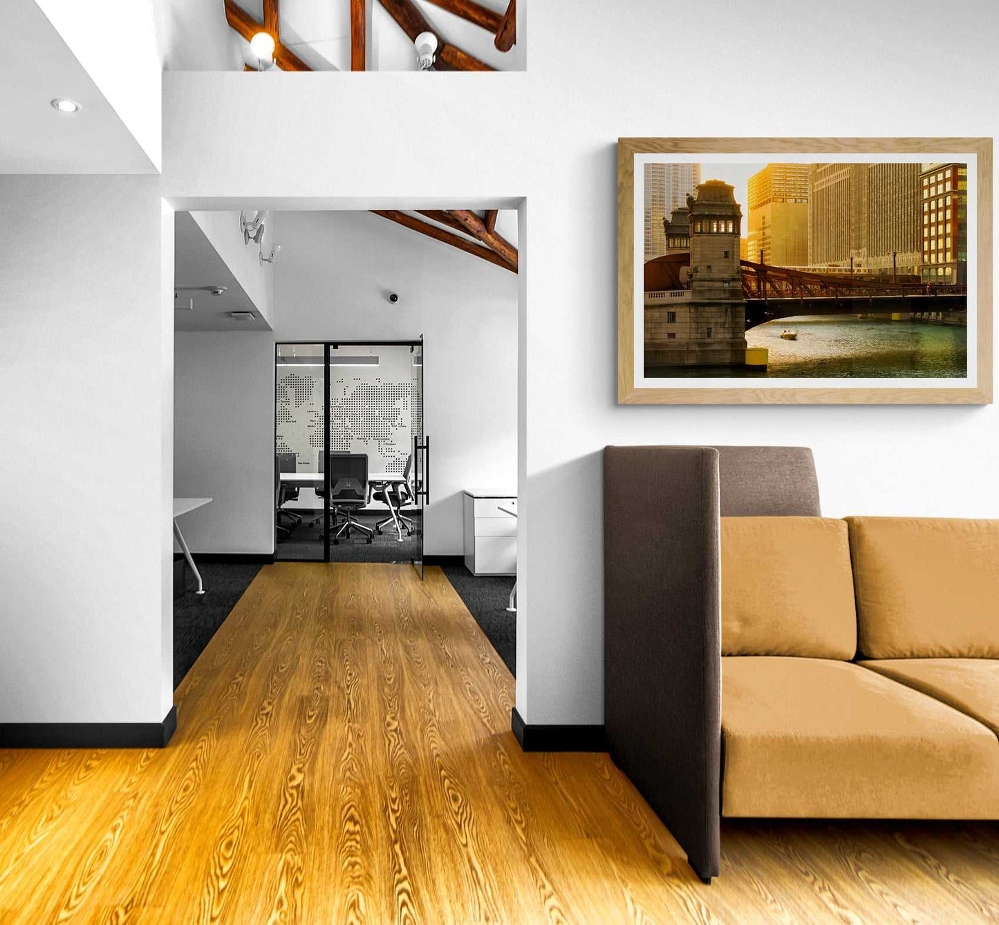 Chicago River #1 – Limited Edition Fine Art Photograph by Michael Hart in a contemporary office lounge, adding architectural charm and warm tones to decor.