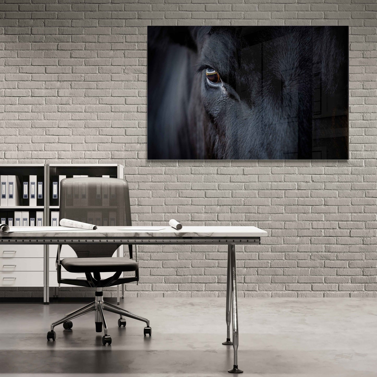 Black Angus Bull Eye – Fine Art Cattle Photography print displayed in a modern office, adding rustic elegance and Western heritage to professional interiors.