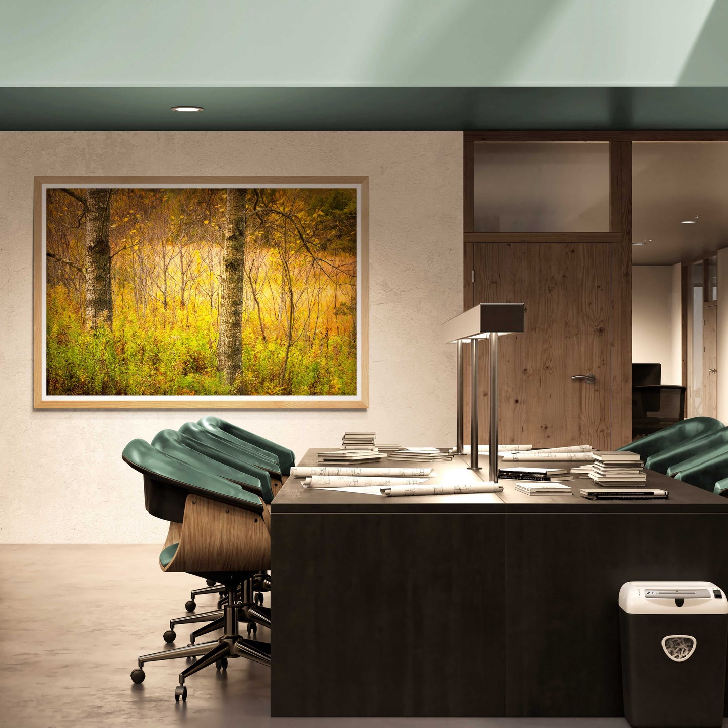 Golden Woods fine art print displayed in a modern office, showcasing Maine’s autumn forest layers with golden tones and tranquil woodland textures.