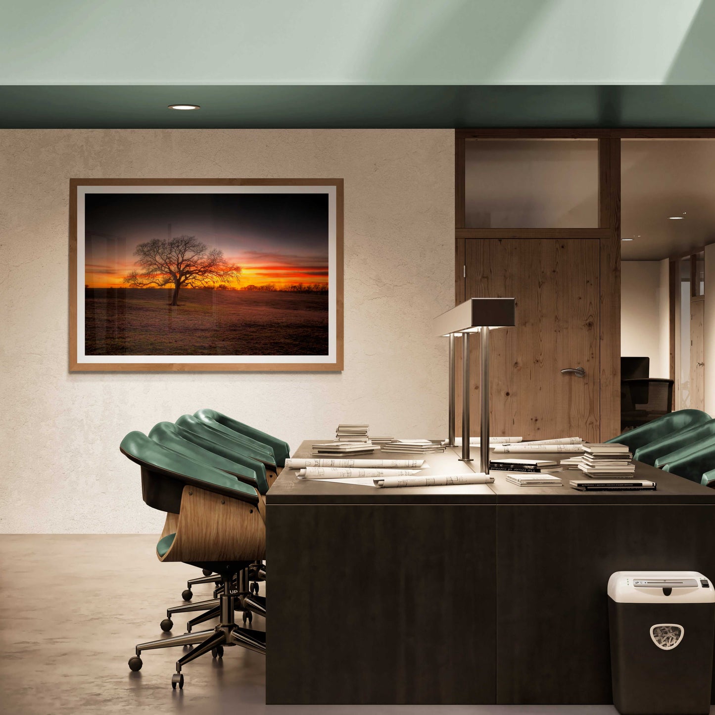 Lone Tree at Sunset – Fine Art Photograph at 44 Farms, Texas Ranch hanging in a contemporary office space. A bold fine art western landscape enhancing professional interiors.