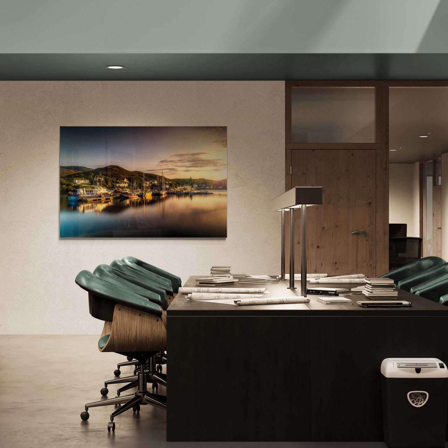 Golden Light over Kyleakin Harbor – Isle of Skye Landscape Image displayed in a modern office with green chairs and wood accents. Fine art print adds warmth and elegance to interior design.