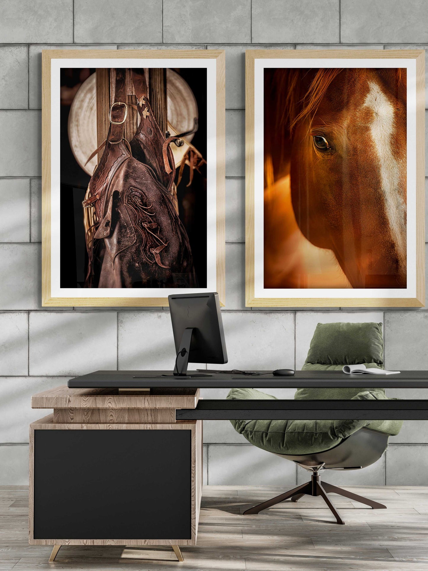 Texas ranch-themed fine art prints of cowboy tack and horse portrait displayed in a contemporary office, perfect for Western interior design.