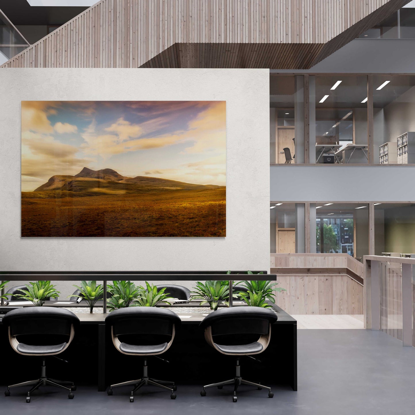 Cùl Mòr Highland landscape artwork mounted in a contemporary office space, ideal for adding Scottish nature to professional interiors.