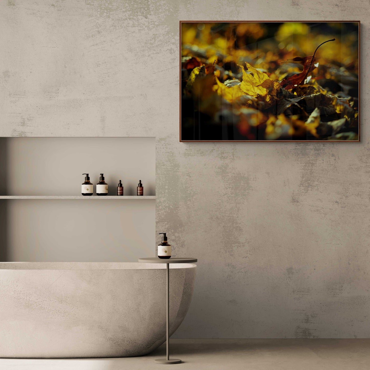Autumn Gold – Limited Edition Photograph of Fall Leaves on Kodachrome framed above a modern stone bathtub. Adds warm seasonal elegance to luxury bathroom decor.