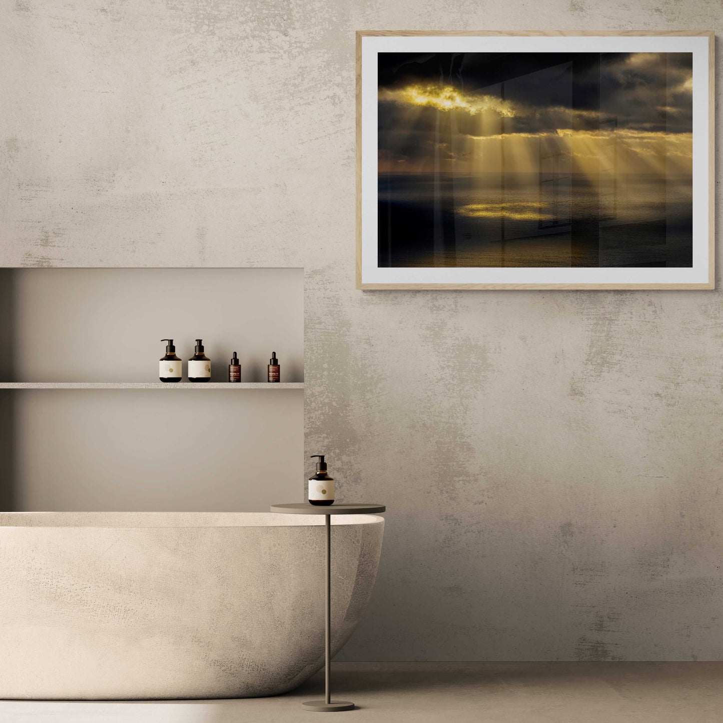 Cadillac Mountain sunrise print in minimalist bathroom decor, adding warmth and tranquility with golden light over ocean view.