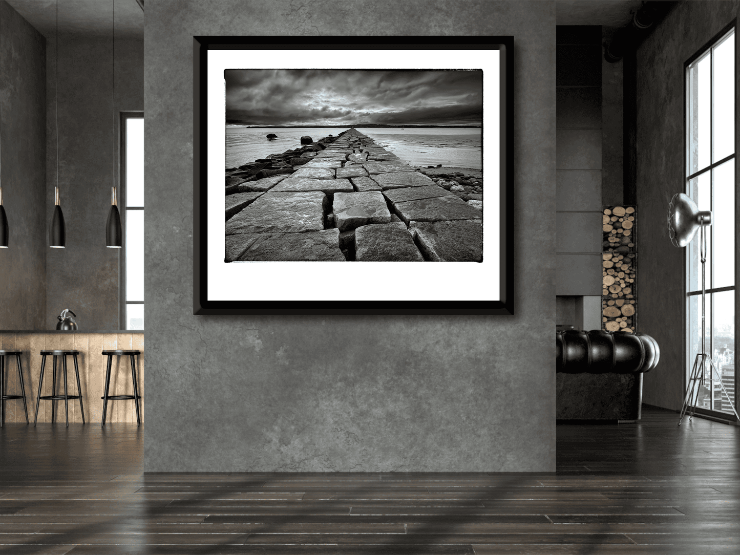 Breakwater, Rockland ME – Award-Winning Black & White iPhone Photo, Limited Edition Print displayed in modern interior . Dramatic granite jetty leads into Rockland Harbor under stormy skies, ideal for fine art collectors and interior designers.