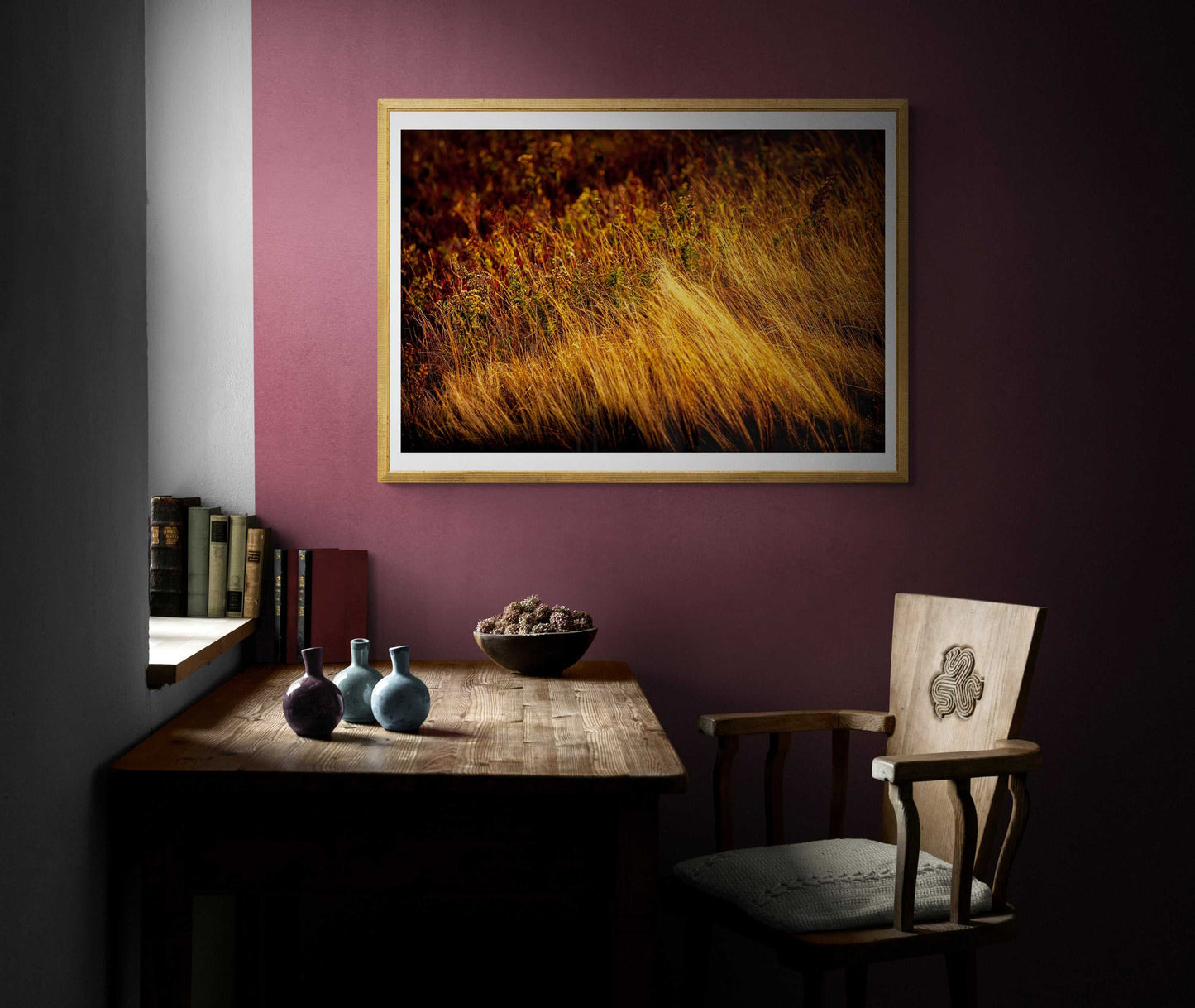 Framed Autumn Grasses #1, Acadia – Limited Edition Fall Nature Photograph displayed in a rustic study with wood furniture and burgundy wall, ideal for interior design.