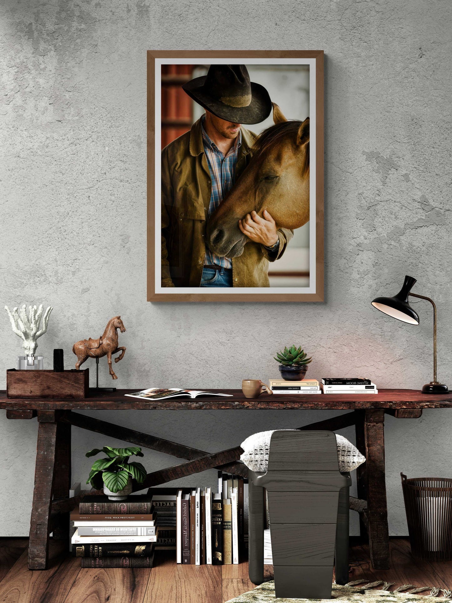 Best Friends – Fine Art Cowboy & Horse Photography, Intimate Color Portrait framed on rustic wall above wooden desk. Western decor for home or office.