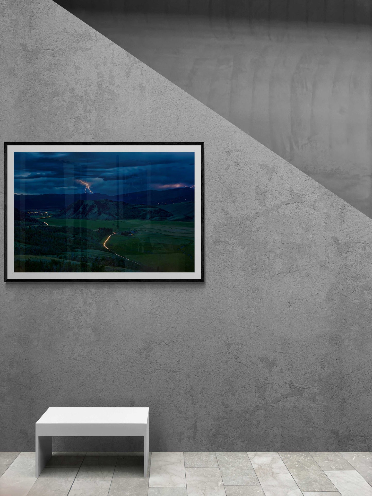 Thunderstorm, Jackson Hole, Wyoming – Fine Art Print displayed on a minimalist concrete wall, perfect for contemporary home or gallery interior design.