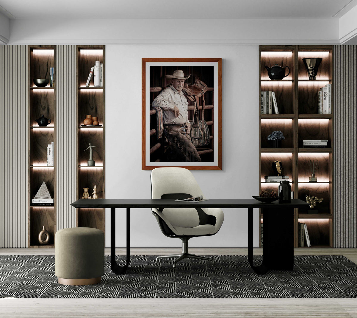 Office space with The Foreman-A Portrait of A Texas Cowboy framed on wall, merging Texas western wall art with contemporary executive decor.