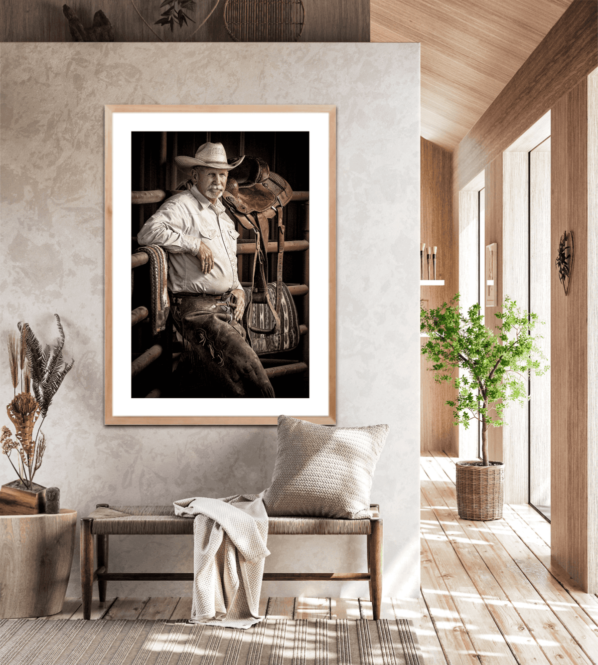 Framed The Foreman-A Portrait of A Texas Cowboy displayed in a modern rustic hallway, blending fine art western photography with interior design elegance.