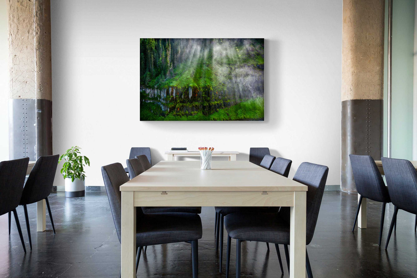 Mesa Falls Mist – Fine Art Nature Print by Michael Hart featured in a modern conference room. Adds a calming, nature-inspired ambiance to office decor.