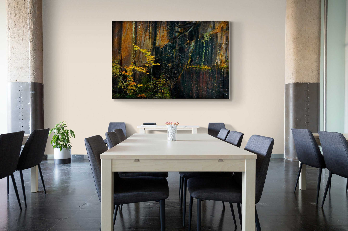 Large Quarry Wall #1 abstract stone print by Michael Hart featured in a modern office meeting room, adding natural texture to workspace decor.