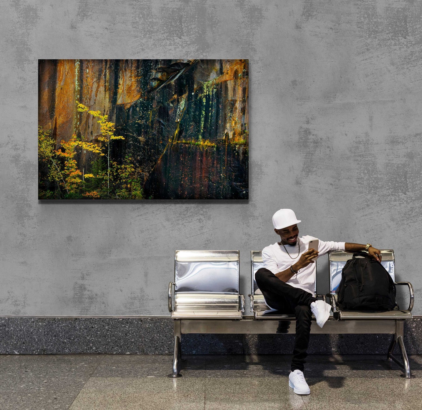 Quarry Wall #1 fine art photography by Michael Hart displayed in a public waiting area, enhancing industrial space with Maine quarry textures.