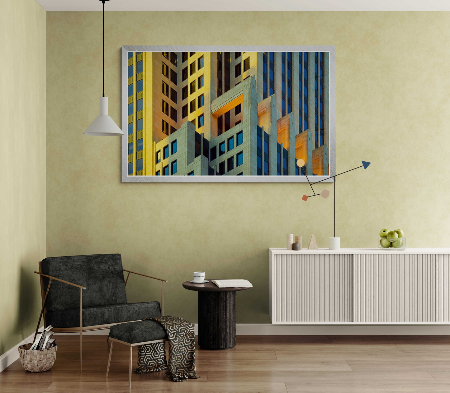 Architectural abstraction of downtown Chicago in golden light framed in a cozy living space, blending fine art with contemporary decor.