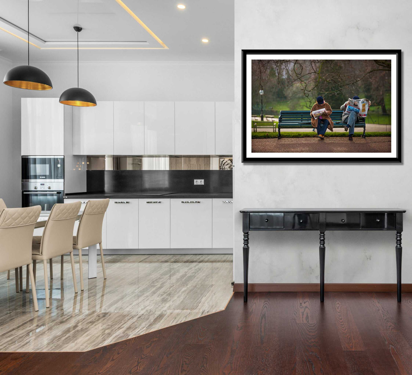 The Saturday News – A Photograph of Couple Captured in Hyde Park framed in a contemporary dining room. A tranquil London Hyde Park photography print perfect for home decor and wall art.