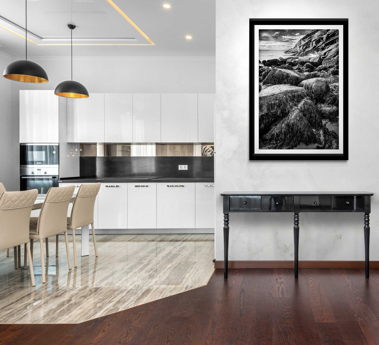 After Doré – Moody Black and White Coastal Photography in a sleek kitchen-dining space, showcasing collectible fine art with European coastal aesthetic.